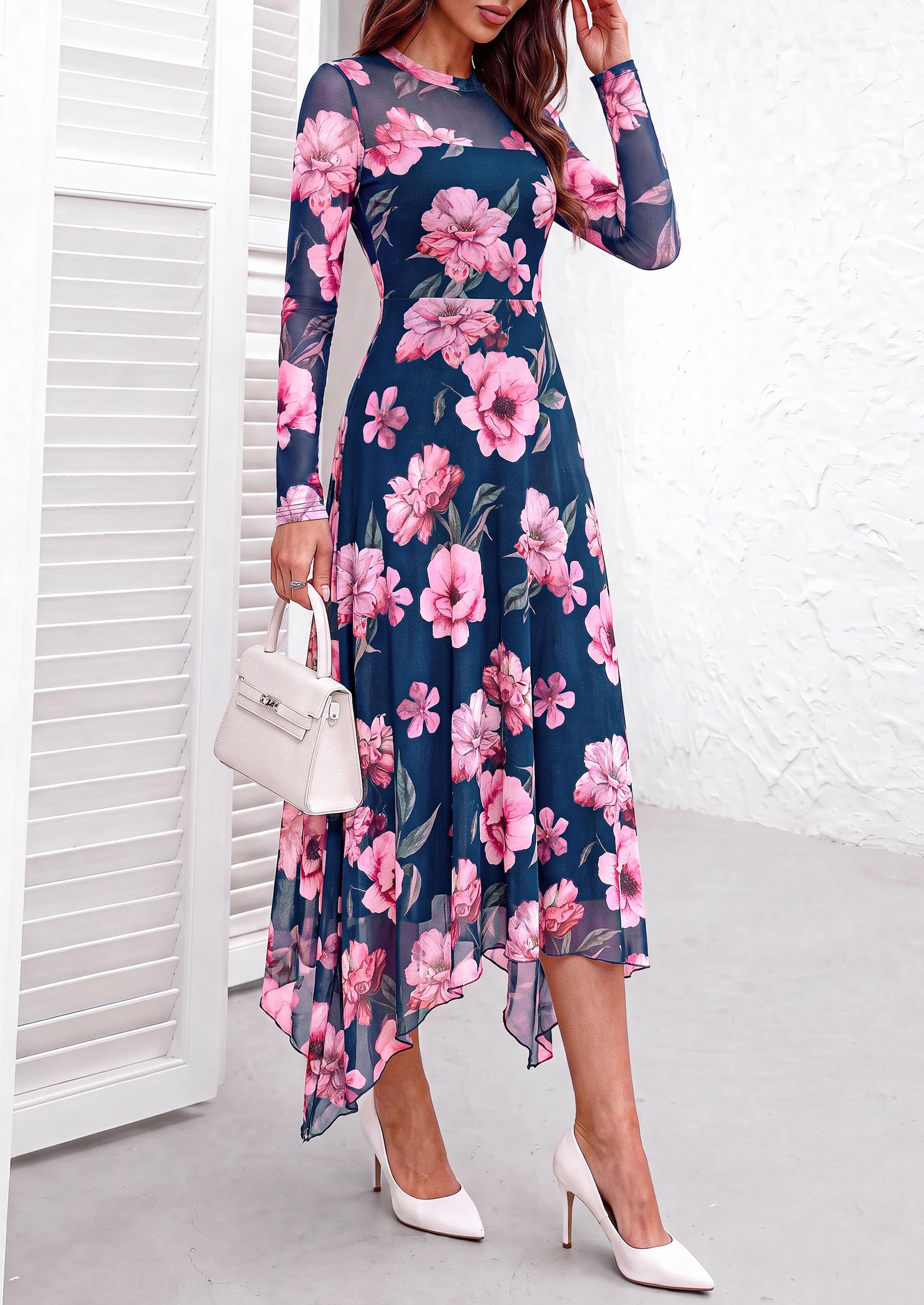 PRETTYGARDEN Women's Floral Mesh Midi Dress | Fall Wedding Guest Dresses, Sheer Long Sleeve, Mock Neck, A-line, Fit & Flare, Cocktail Holiday Party, Date Night Outfits
