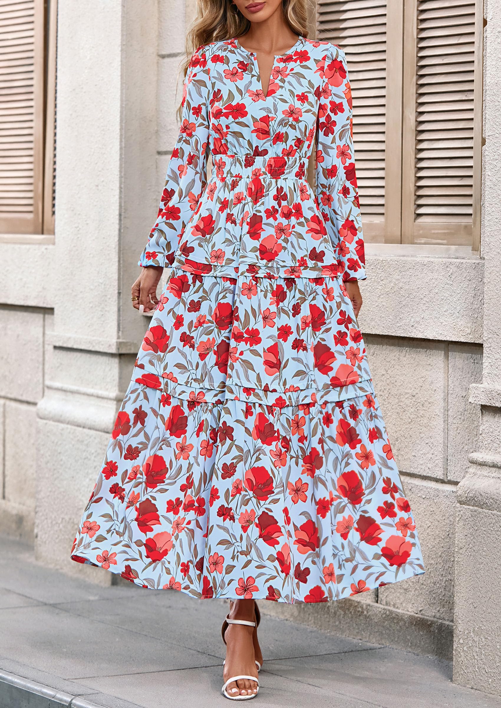 PRETTYGARDEN Women's Fall Boho Maxi Dresses Floral Long Sleeve V Neck Flowy Elegant Wedding Guest Dress Vacation Outfits