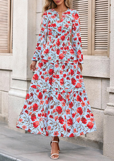 PRETTYGARDEN Women's Fall Boho Maxi Dresses Floral Long Sleeve V Neck Flowy Elegant Wedding Guest Dress Vacation Outfits