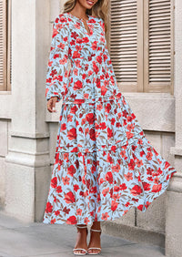 PRETTYGARDEN Women's Fall Boho Maxi Dresses Floral Long Sleeve V Neck Flowy Elegant Wedding Guest Dress Vacation Outfits