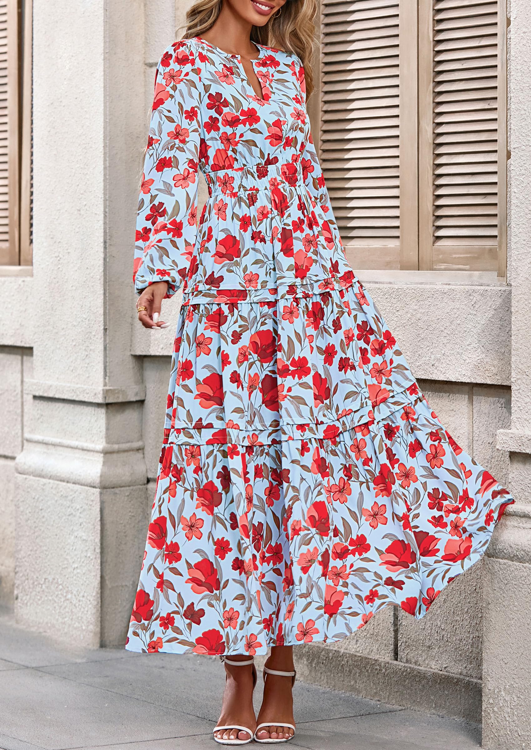 PRETTYGARDEN Women's Fall Boho Maxi Dresses Floral Long Sleeve V Neck Flowy Elegant Wedding Guest Dress Vacation Outfits