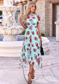 PRETTYGARDEN Cocktail Dresses for Women Summer Short Sleeve Floral Mesh Sheer Midi Party Wedding Guest Dress