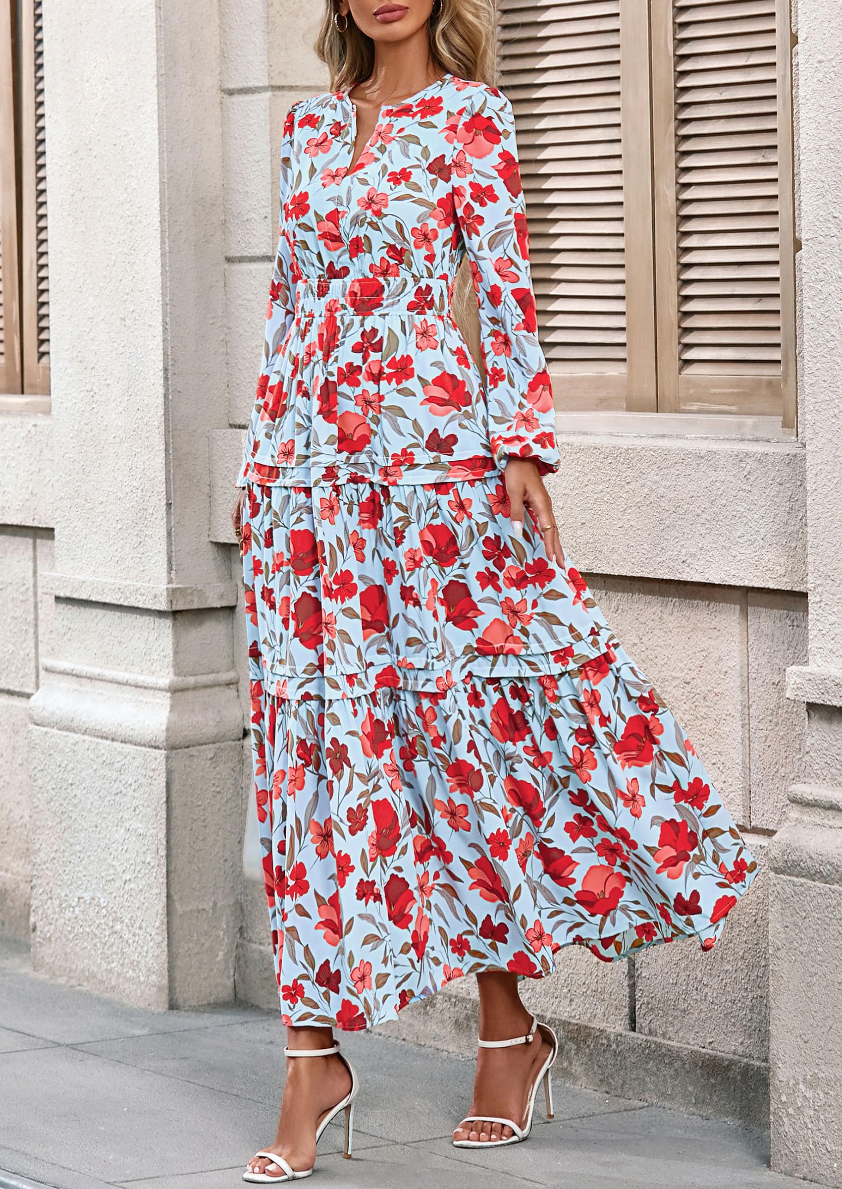 PRETTYGARDEN Women's Fall Boho Maxi Dresses Floral Long Sleeve V Neck Flowy Elegant Wedding Guest Dress Vacation Outfits