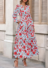 PRETTYGARDEN Women's Fall Boho Maxi Dresses Floral Long Sleeve V Neck Flowy Elegant Wedding Guest Dress Vacation Outfits