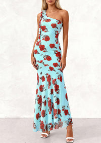 PRETTYGARDEN Womens Summer One Shoulder Maxi Dress Floral Sleeveless Bodycon Mesh Long Formal Wedding Guest Dresses PRETTYGARDEN