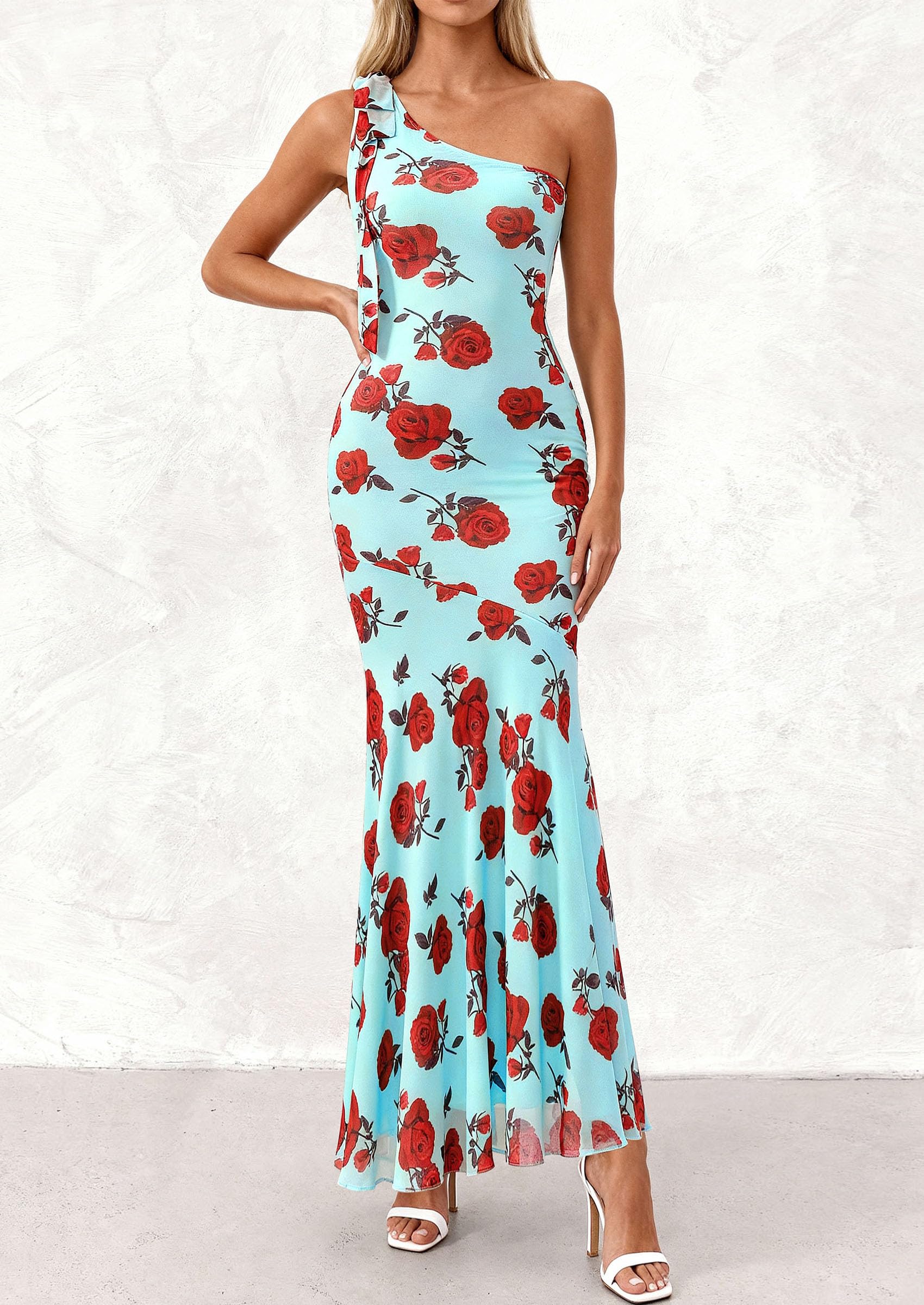 PRETTYGARDEN Womens Summer One Shoulder Maxi Dress Floral Sleeveless Bodycon Mesh Long Formal Wedding Guest Dresses PRETTYGARDEN