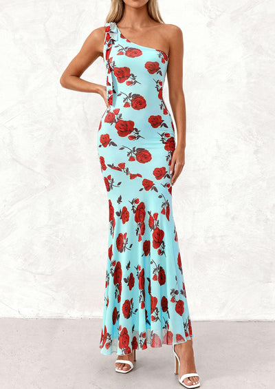 PRETTYGARDEN Womens Summer One Shoulder Maxi Dress Floral Sleeveless Bodycon Mesh Long Formal Wedding Guest Dresses PRETTYGARDEN