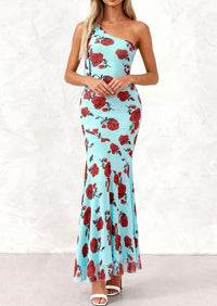 PRETTYGARDEN Womens Summer One Shoulder Maxi Dress Floral Sleeveless Bodycon Mesh Long Formal Wedding Guest Dresses PRETTYGARDEN