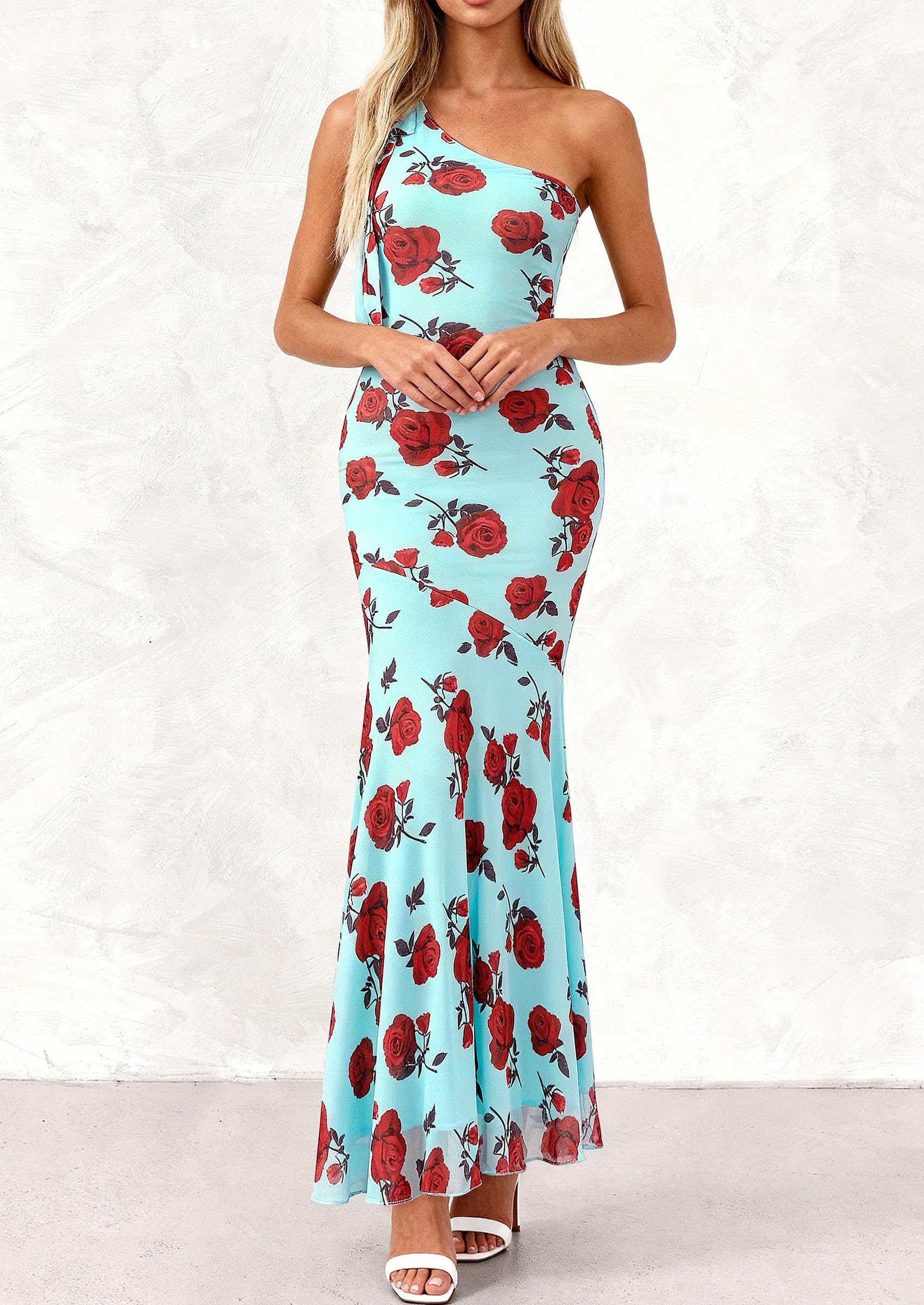 PRETTYGARDEN Womens Summer One Shoulder Maxi Dress Floral Sleeveless Bodycon Mesh Long Formal Wedding Guest Dresses PRETTYGARDEN