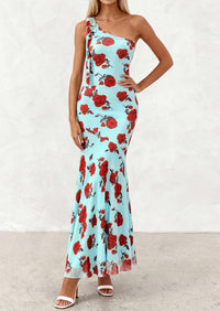 PRETTYGARDEN Womens Summer One Shoulder Maxi Dress Floral Sleeveless Bodycon Mesh Long Formal Wedding Guest Dresses PRETTYGARDEN