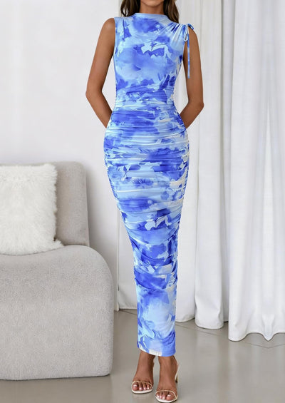 PRETTYGARDEN Women's Summer Maxi Floral Dresses Ruched Bodycon Sleeveless Mesh Formal Wedding Guest Cocktail Split Long Dress PRETTYGARDEN