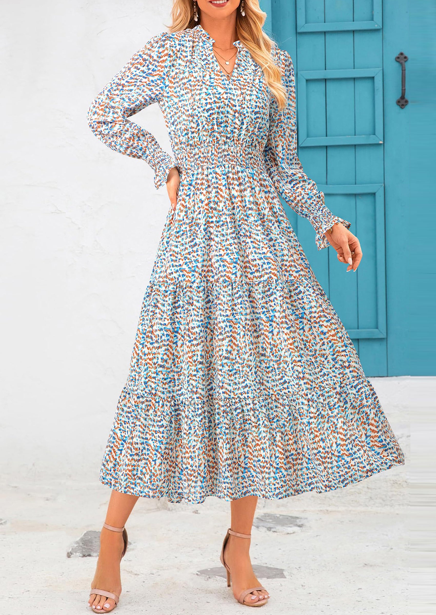 PRETTYGARDEN Women's Floral Maxi Dress Spring Long Sleeve V Neck Casual A Line Long Flowy Boho Party Dresses