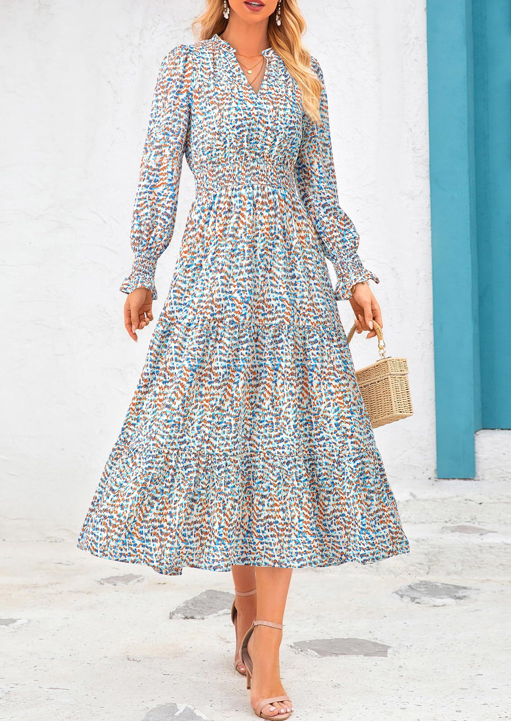 PRETTYGARDEN Women's Floral Maxi Dress Spring Long Sleeve V Neck Casual A Line Long Flowy Boho Party Dresses