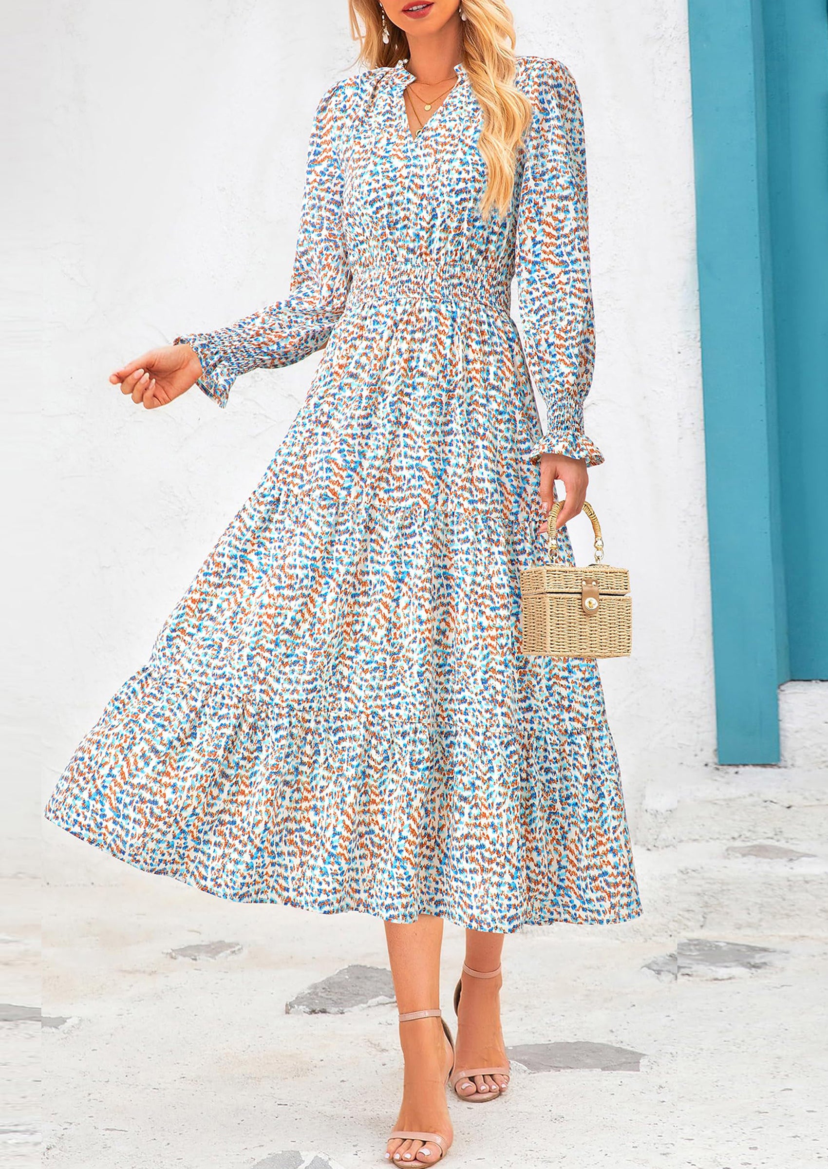 PRETTYGARDEN Women's Floral Maxi Dress Spring Long Sleeve V Neck Casual A Line Long Flowy Boho Party Dresses