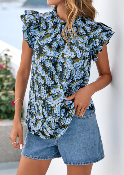 PRETTYGARDEN Women's Ruffle Short Sleeve Summer Tops Trendy Floral Trim Neck Casual Dressy Chiffon Boho Blouses Shirts PRETTYGARDEN