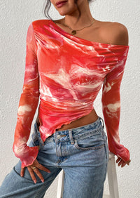 PRETTYGARDEN Womens Fall Trendy Off Shoulder Tops Tie Dye Mesh Long Sleeve Shirts Asymmetrical Ruched Floral Blouse