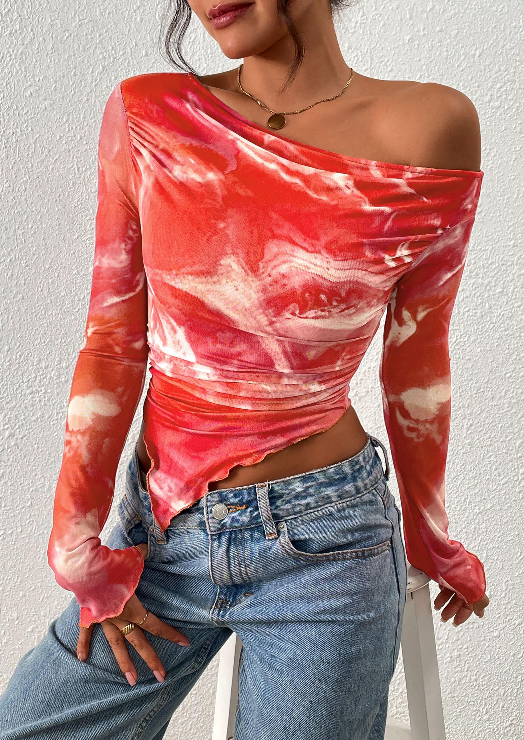 PRETTYGARDEN Womens Fall Trendy Off Shoulder Tops Tie Dye Mesh Long Sleeve Shirts Asymmetrical Ruched Floral Blouse