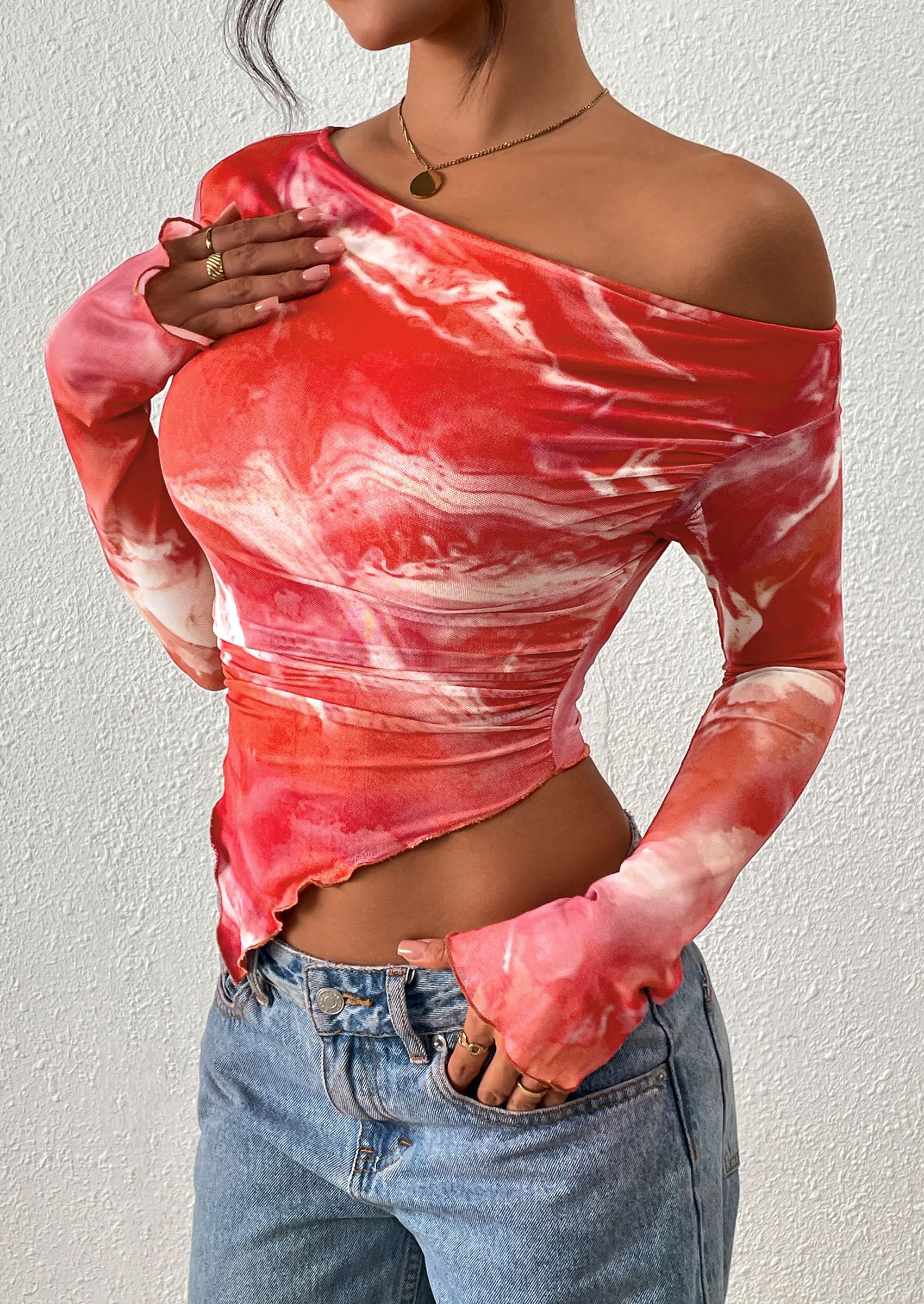 PRETTYGARDEN Womens Fall Trendy Off Shoulder Tops Tie Dye Mesh Long Sleeve Shirts Asymmetrical Ruched Floral Blouse