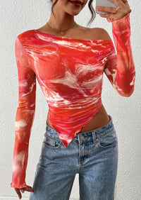 PRETTYGARDEN Womens Fall Trendy Off Shoulder Tops Tie Dye Mesh Long Sleeve Shirts Asymmetrical Ruched Floral Blouse