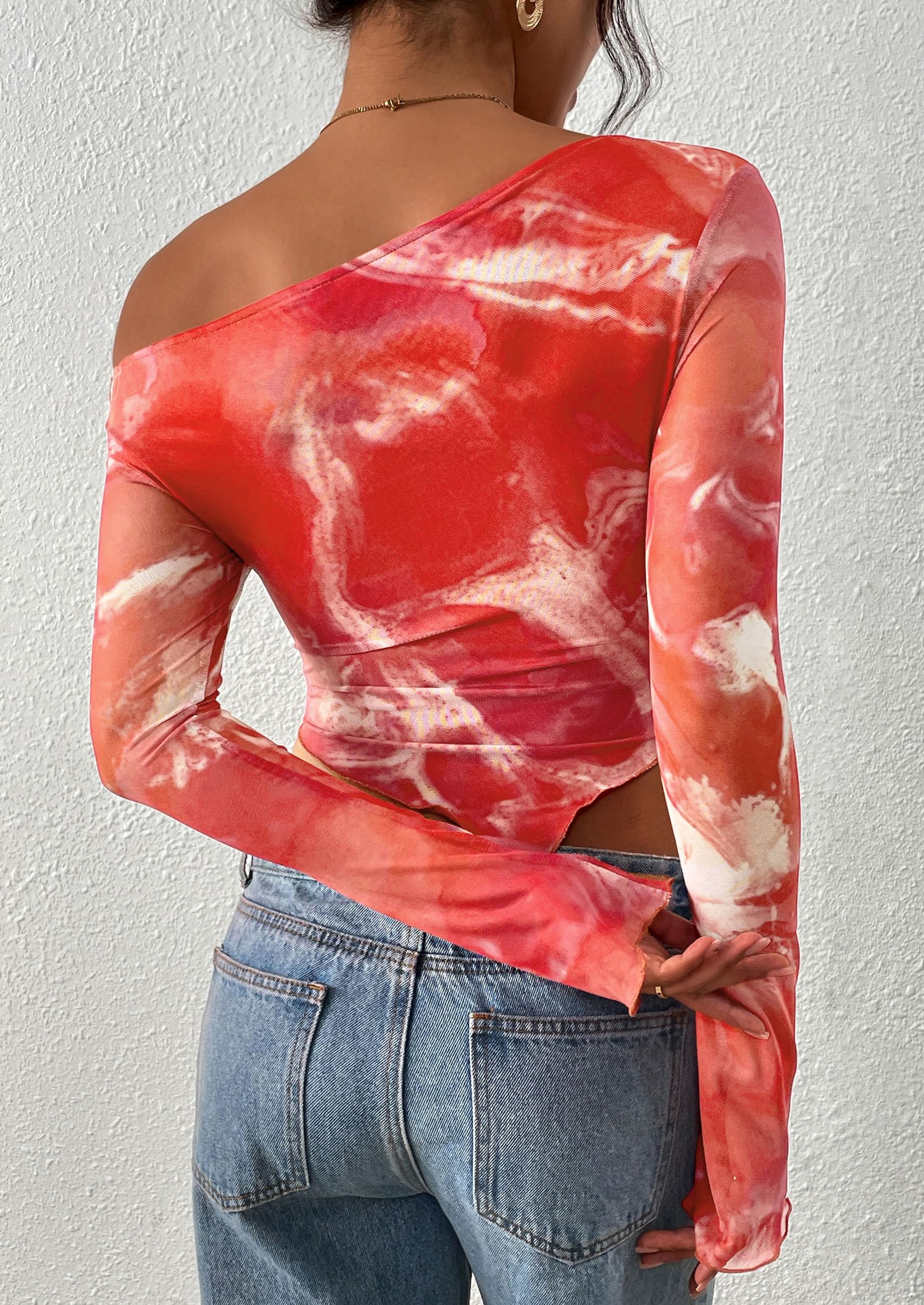 PRETTYGARDEN Womens Fall Trendy Off Shoulder Tops Tie Dye Mesh Long Sleeve Shirts Asymmetrical Ruched Floral Blouse