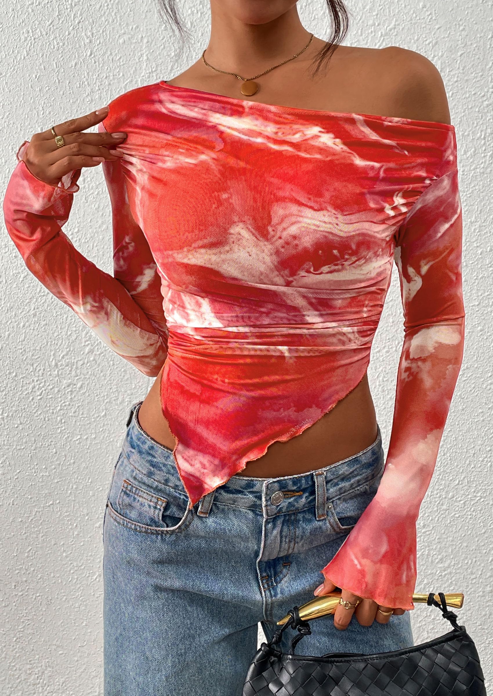 PRETTYGARDEN Womens Fall Trendy Off Shoulder Tops Tie Dye Mesh Long Sleeve Shirts Asymmetrical Ruched Floral Blouse