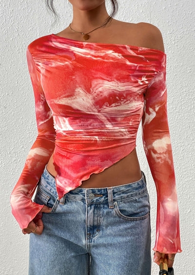 PRETTYGARDEN Womens Fall Trendy Off Shoulder Tops Tie Dye Mesh Long Sleeve Shirts Asymmetrical Ruched Floral Blouse