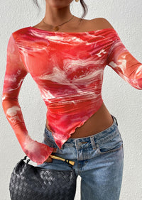 PRETTYGARDEN Womens Fall Trendy Off Shoulder Tops Tie Dye Mesh Long Sleeve Shirts Asymmetrical Ruched Floral Blouse