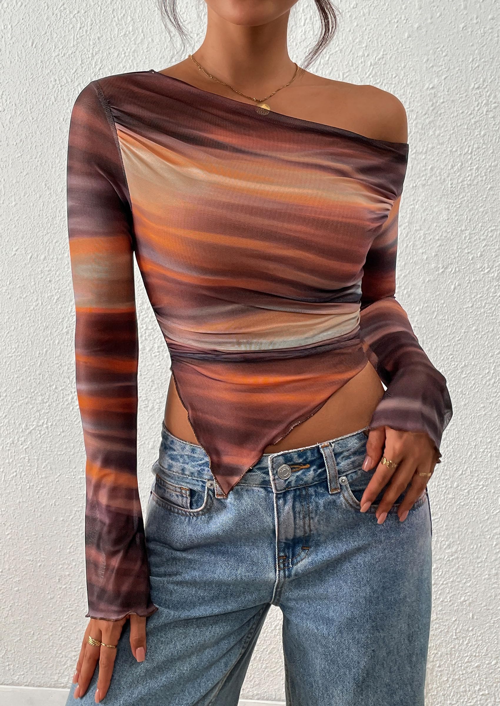 PRETTYGARDEN Womens Fall Trendy Off Shoulder Tops Tie Dye Mesh Long Sleeve Shirts Asymmetrical Ruched Floral Blouse