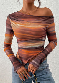 PRETTYGARDEN Womens Fall Trendy Off Shoulder Tops Tie Dye Mesh Long Sleeve Shirts Asymmetrical Ruched Floral Blouse