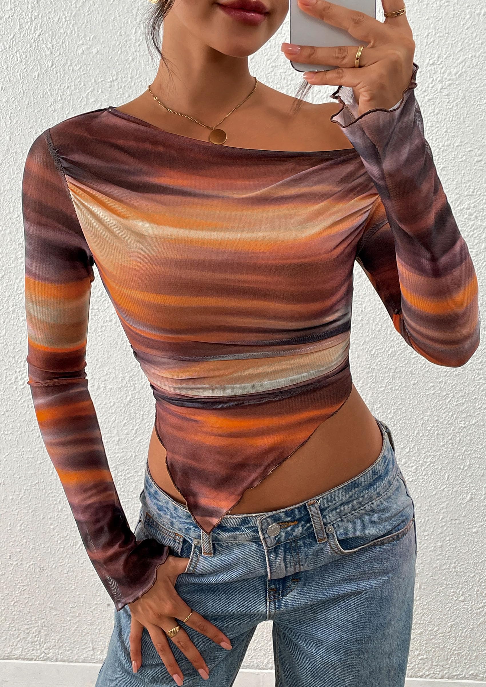 PRETTYGARDEN Womens Fall Trendy Off Shoulder Tops Tie Dye Mesh Long Sleeve Shirts Asymmetrical Ruched Floral Blouse