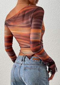 PRETTYGARDEN Womens Fall Trendy Off Shoulder Tops Tie Dye Mesh Long Sleeve Shirts Asymmetrical Ruched Floral Blouse