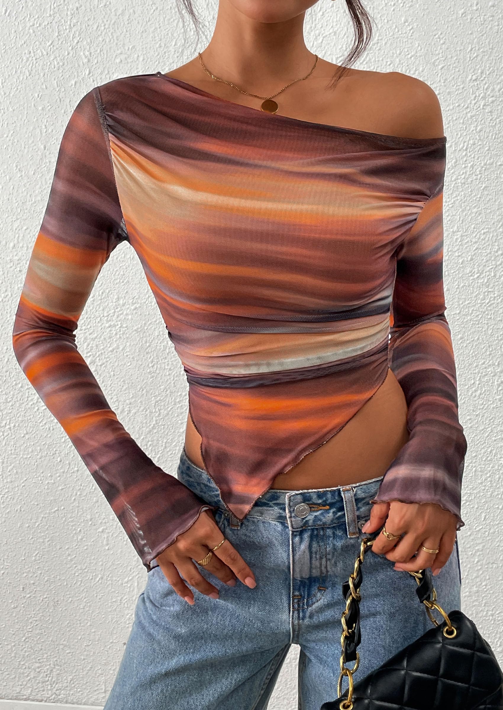 PRETTYGARDEN Womens Fall Trendy Off Shoulder Tops Tie Dye Mesh Long Sleeve Shirts Asymmetrical Ruched Floral Blouse