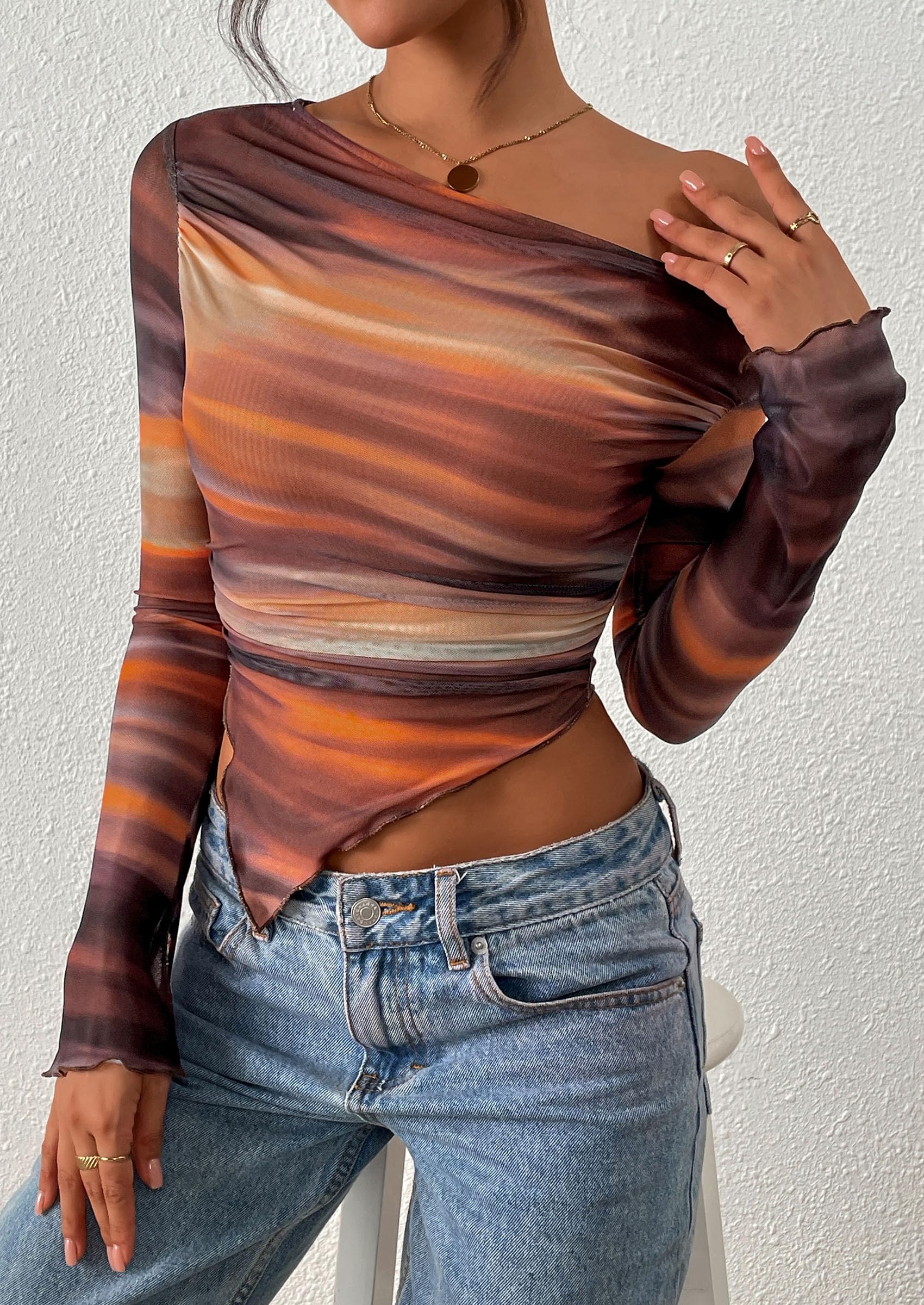 PRETTYGARDEN Womens Fall Trendy Off Shoulder Tops Tie Dye Mesh Long Sleeve Shirts Asymmetrical Ruched Floral Blouse