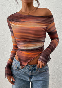 PRETTYGARDEN Womens Fall Trendy Off Shoulder Tops Tie Dye Mesh Long Sleeve Shirts Asymmetrical Ruched Floral Blouse