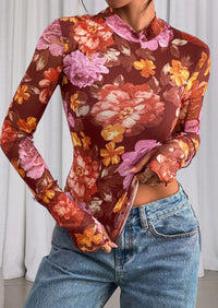 PRETTYGARDEN Womens Fall Mesh Floral Blouses Long Sleeve Going Out Tops Slim Fitted Shirts Date Night Outfits