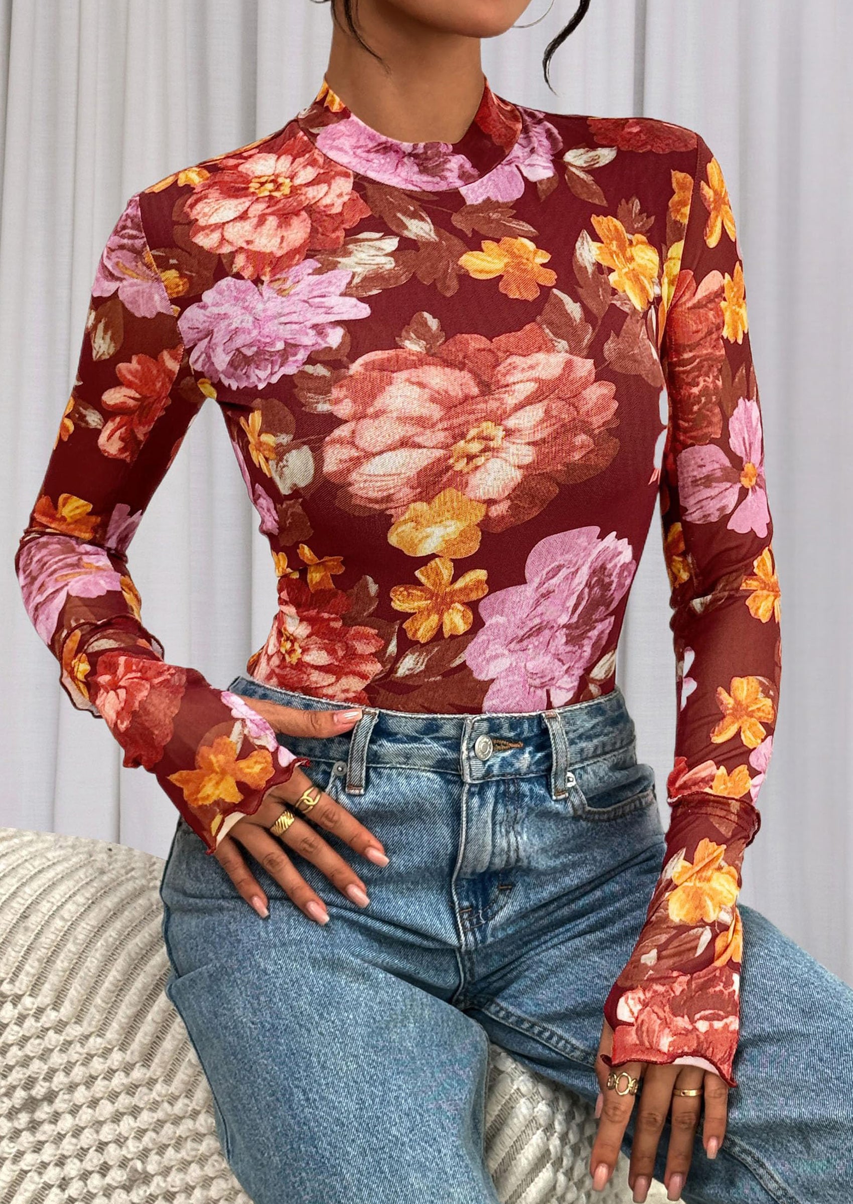 PRETTYGARDEN Womens Fall Mesh Floral Blouses Long Sleeve Going Out Tops Slim Fitted Shirts Date Night Outfits