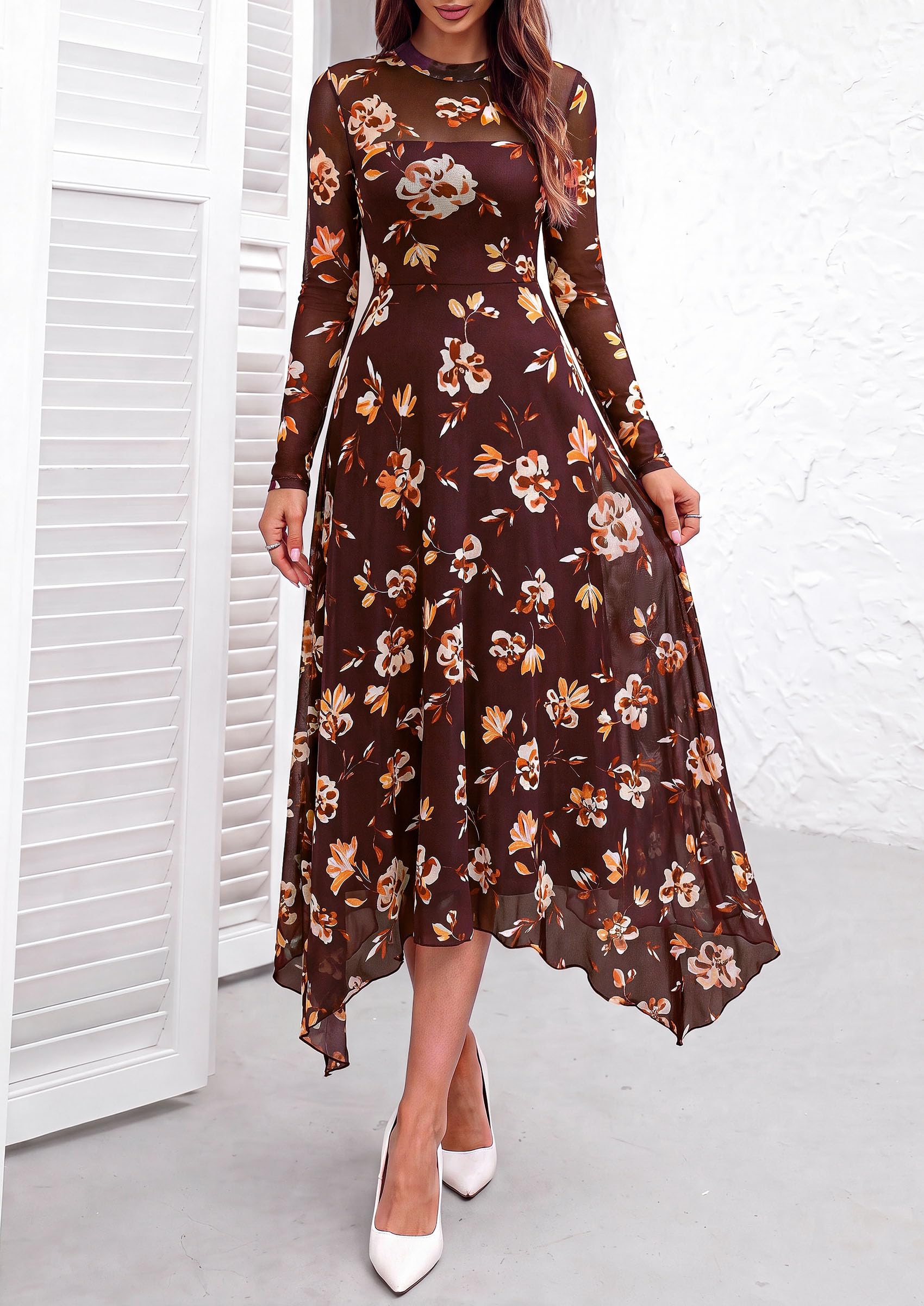 PRETTYGARDEN Women's Floral Mesh Midi Dress | Fall Wedding Guest Dresses, Sheer Long Sleeve, Mock Neck, A-line, Fit & Flare, Cocktail Holiday Party, Date Night Outfits