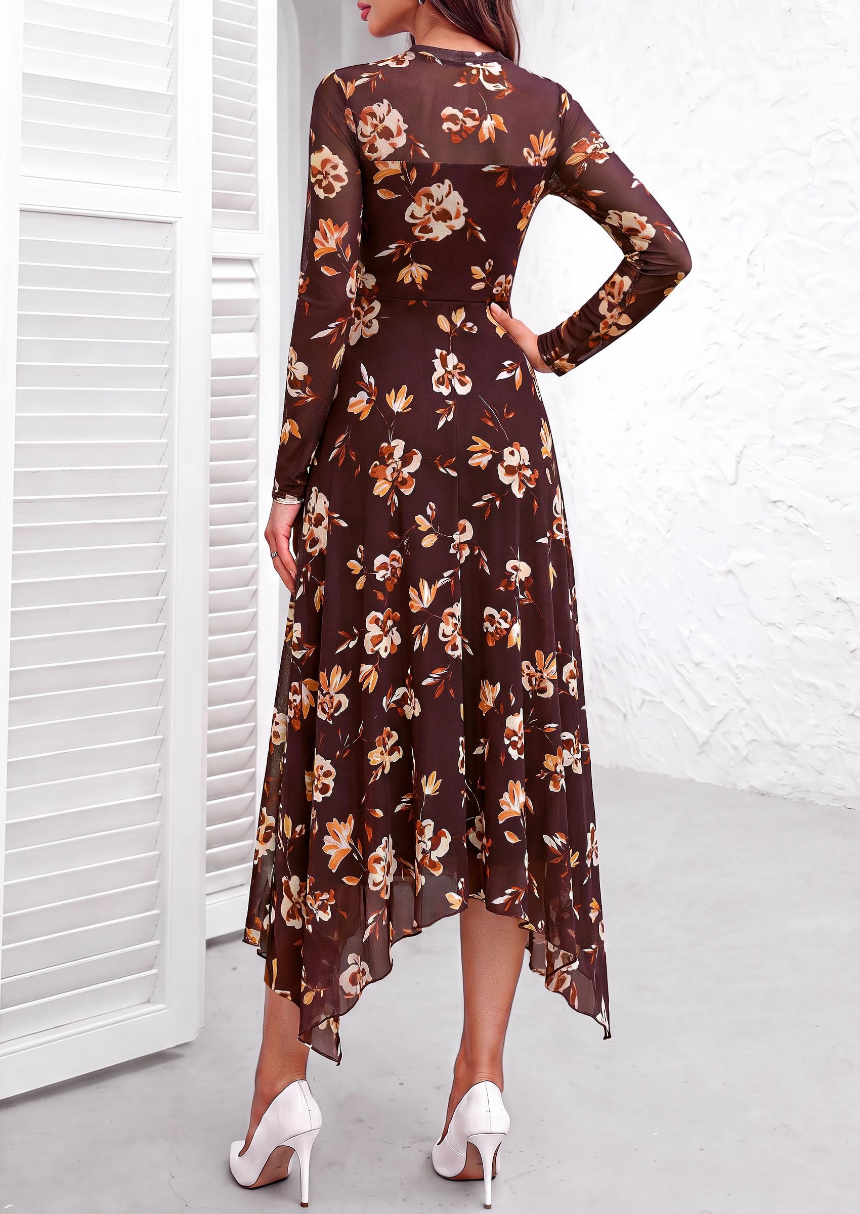 PRETTYGARDEN Women's Floral Mesh Midi Dress | Fall Wedding Guest Dresses, Sheer Long Sleeve, Mock Neck, A-line, Fit & Flare, Cocktail Holiday Party, Date Night Outfits