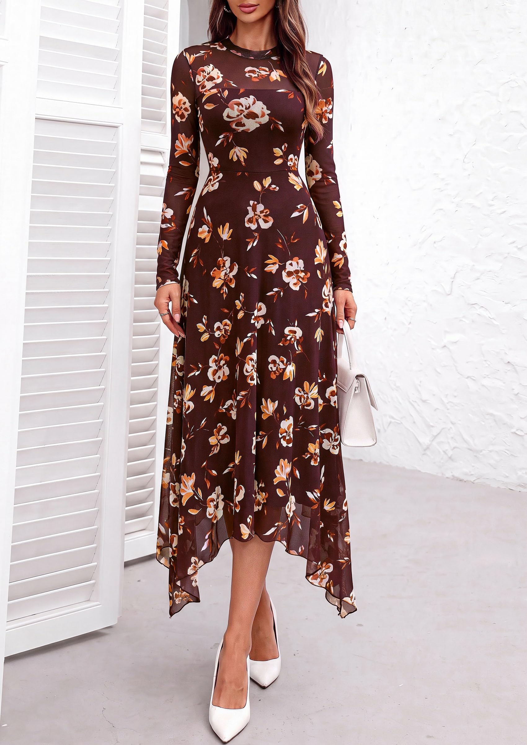 PRETTYGARDEN Women's Floral Mesh Midi Dress | Fall Wedding Guest Dresses, Sheer Long Sleeve, Mock Neck, A-line, Fit & Flare, Cocktail Holiday Party, Date Night Outfits
