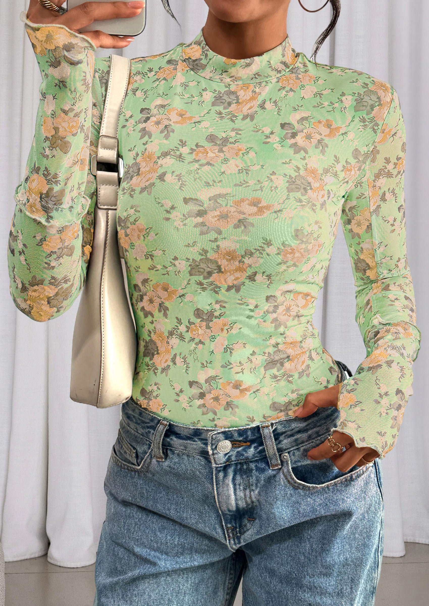 PRETTYGARDEN Womens Fall Mesh Floral Blouses Long Sleeve Going Out Tops Slim Fitted Shirts Date Night Outfits