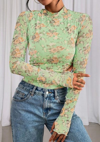 PRETTYGARDEN Womens Fall Mesh Floral Blouses Long Sleeve Going Out Tops Slim Fitted Shirts Date Night Outfits