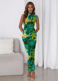 PRETTYGARDEN Women's Summer Maxi Floral Dresses Ruched Bodycon Sleeveless Mesh Formal Wedding Guest Cocktail Split Long Dress PRETTYGARDEN