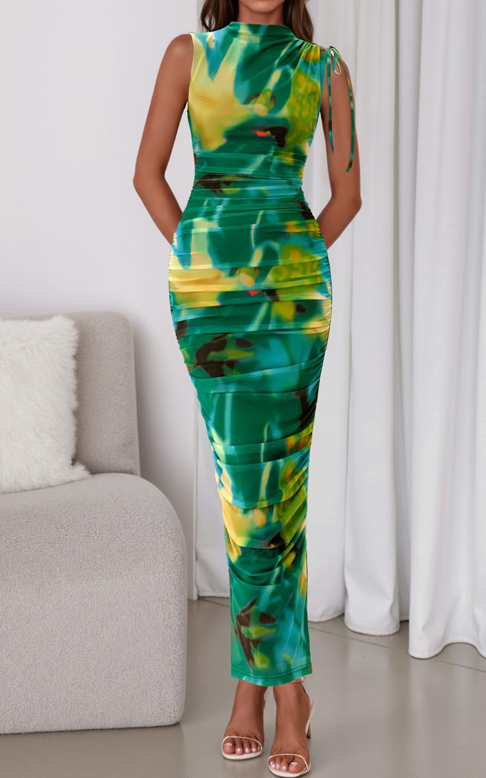 PRETTYGARDEN Women's Summer Maxi Floral Dresses Ruched Bodycon Sleeveless Mesh Formal Wedding Guest Cocktail Split Long Dress PRETTYGARDEN