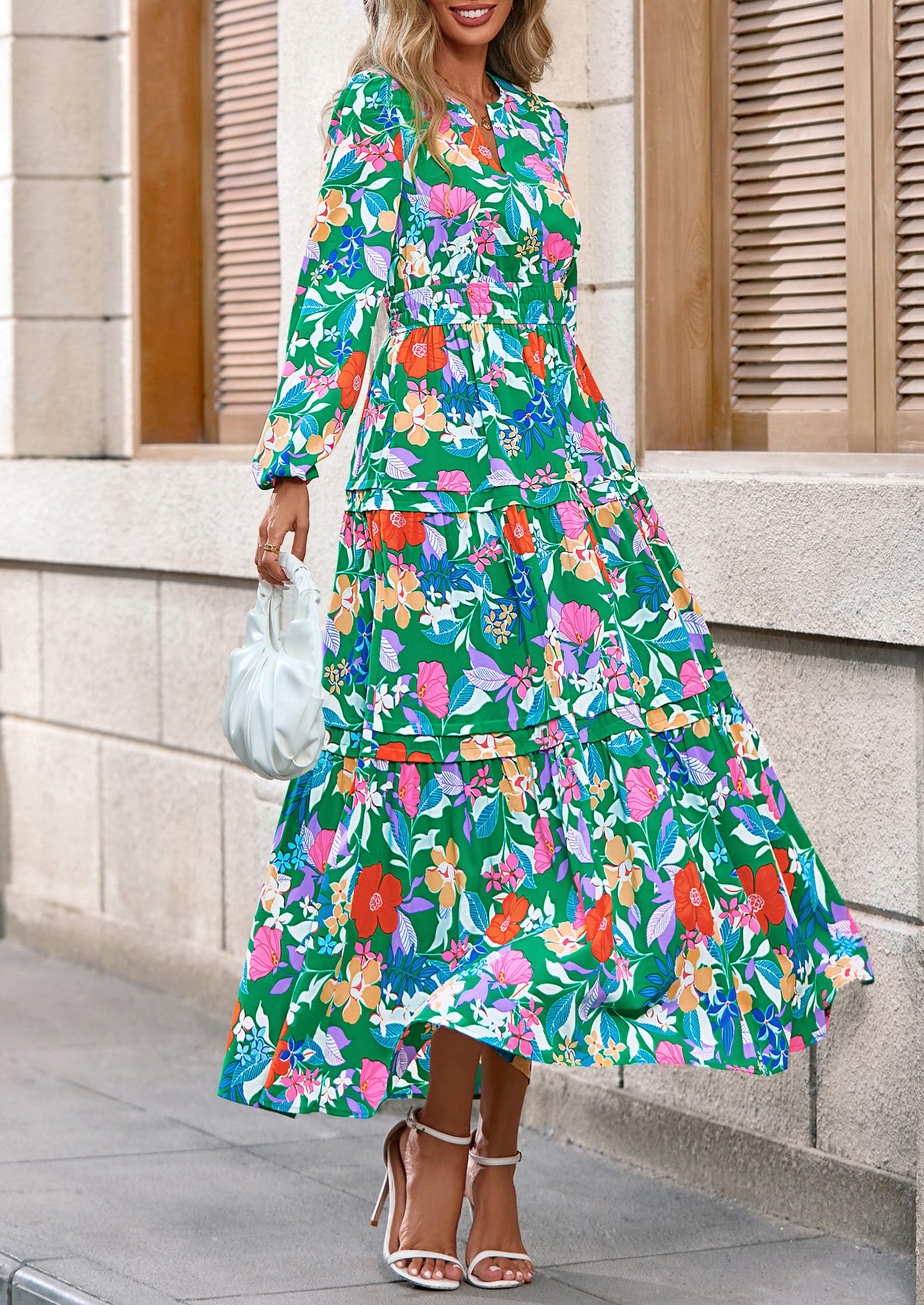 PRETTYGARDEN Women's Fall Boho Maxi Dresses Floral Long Sleeve V Neck Flowy Elegant Wedding Guest Dress Vacation Outfits