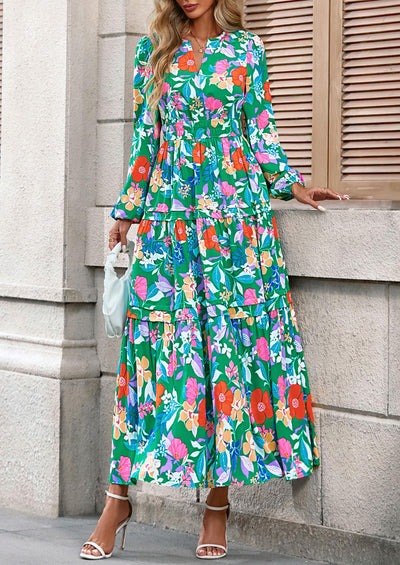 PRETTYGARDEN Women's Fall Boho Maxi Dresses Floral Long Sleeve V Neck Flowy Elegant Wedding Guest Dress Vacation Outfits