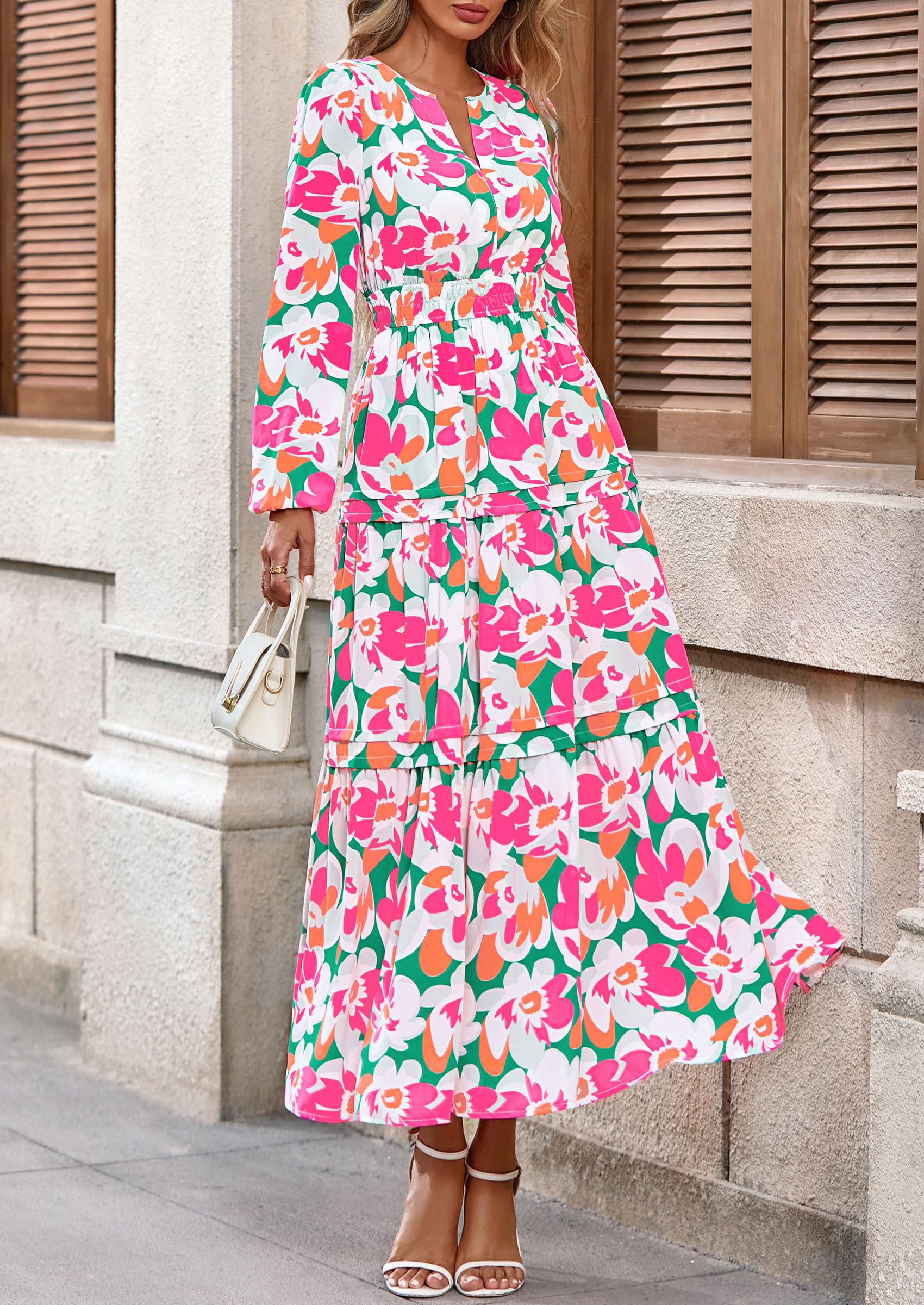 PRETTYGARDEN Women's Fall Boho Maxi Dresses Floral Long Sleeve V Neck Flowy Elegant Wedding Guest Dress Vacation Outfits