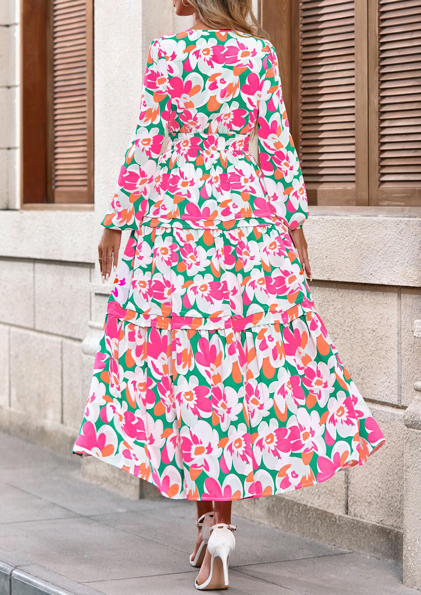 PRETTYGARDEN Women's Fall Boho Maxi Dresses Floral Long Sleeve V Neck Flowy Elegant Wedding Guest Dress Vacation Outfits