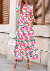 PRETTYGARDEN Women's Fall Boho Maxi Dresses Floral Long Sleeve V Neck Flowy Elegant Wedding Guest Dress Vacation Outfits