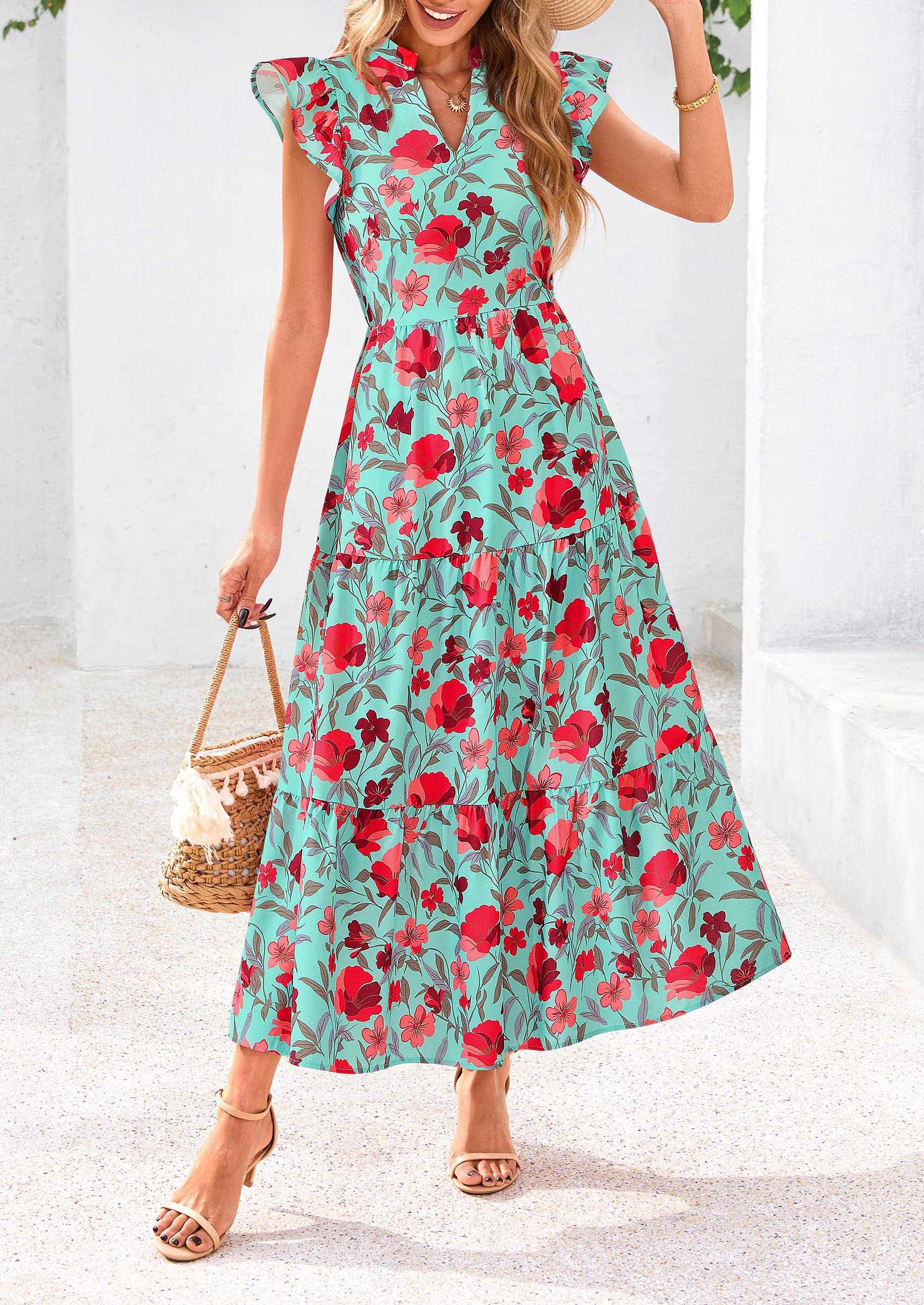 PRETTYGARDEN Women's Summer Floral Midi Dress Cap Sleeve V Neck Ruffle Long Flowy Boho Casual Beach Vacation Dresses