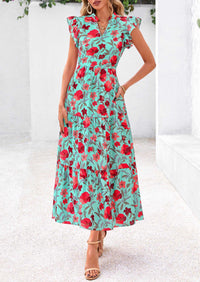 PRETTYGARDEN Women's Summer Floral Midi Dress Cap Sleeve V Neck Ruffle Long Flowy Boho Casual Beach Vacation Dresses